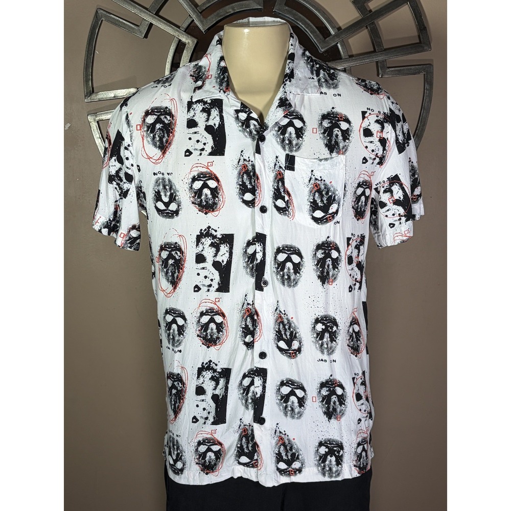 Friday The 13th Shirt Men's M White Button Up Jason Mask Pattern Short Sleeve